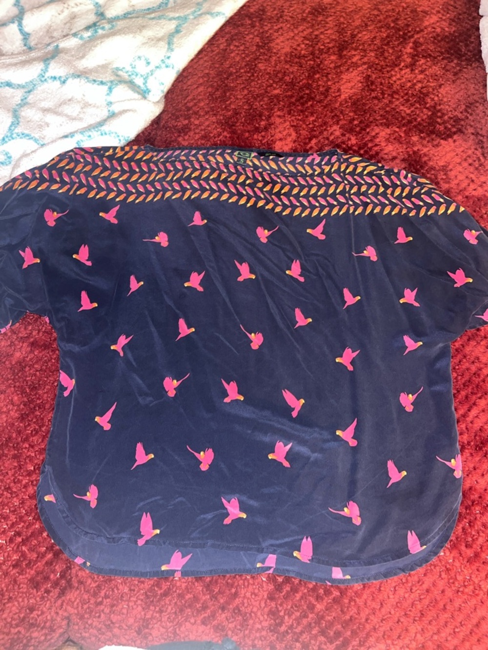 C Winder Navy Top with Pink Bird Print